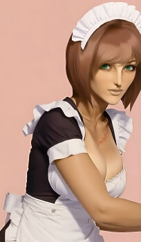 1girl absurdres ai-assisted breasts chest_tattoo cleavage green_eyes highres ish33r large_breasts maid maid_headdress nel_zelpher red_hair red_tattoo short_hair solo star_ocean star_ocean:_till_the_end_of_time tan tattoo