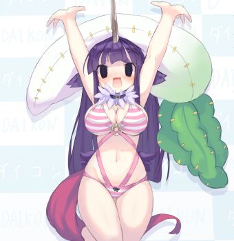 1girl animal_ears armadillon armpits arms_up belt beyaert_alma bikini black_choker black_eyes blue_background blush breasts checkered_background choker daikon emil_chronicle_online empty_eyes frilled_choker frills highres horns horse_ears horse_girl horse_tail large_breasts navel open_mouth pink_belt pink_bikini ponytail purple_hair radish solo split_ponytail striped_bikini striped_clothes stuffed_food stuffed_toy_on_head swimsuit tail white_bikini