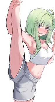 1girl absurdres arm_up armpits bamul blunt_ends blush breasts camisole character_name cleavage collarbone commentary_request crop_top diamond_hair_ornament embarrassed green_hair grey_eyes grey_shorts hair_ornament hairclip hand_up highres korean_commentary large_breasts long_hair looking_at_viewer midriff navel nose_blush one_side_up parted_lips pom_pom_(clothes) pom_pom_hair_ornament print_camisole shorts simple_background solo split standing standing_on_one_leg standing_split stellive straight_hair sweat virtual_youtuber white_background white_camisole yuzuha_riko