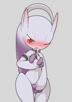 Rule 34 | 1girl, arm garter, black ribbon, blush, covering crotch, covering privates, cum, cum in mouth, cum on body, cum on hands, feet out of frame, female focus, gen 1 pokemon, grey background, half-closed eyes, jitome, legendary pokemon, mega mewtwo y, mega pokemon, mewtwo, neck ribbon, nintendo, one eye closed, open mouth, pokemon, pokemon (creature), prehensile hair, red eyes, ribbon, shiny skin, simple background, solo, standing, tosx