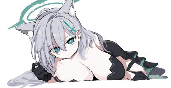 1girl ahoge animal_ear_fluff animal_ears black_gloves blue_archive blue_eyes bone_hiko breasts broken_halo commentary_request cross cross_hair_ornament dress expressionless extra_ears gloves grey_hair hair_ornament halo highres inverted_cross large_breasts long_hair looking_at_viewer mismatched_pupils shiroko_terror_(blue_archive) simple_background solo white_background wolf_ears wolf_girl