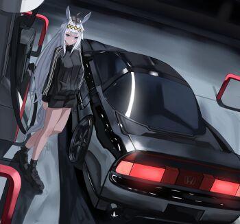 1girl absurdres ahoge animal_ears black_car black_jacket black_shoes black_shorts black_theme blue_eyes breasts car commentary full_body gas_station grey_hair highres honda honda_nsx horse_ears horse_girl horse_tail irv_v12 jacket large_breasts long_hair looking_at_viewer medium_breasts motor_vehicle official_alternate_costume oguri_cap_(umamusume) outdoors shoes shorts sneakers solo symbol-only_commentary tail track_jacket umamusume very_long_hair