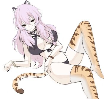 1girl animal_ears animal_print bikini bikini_top_only breasts brown_eyes cat_ears cat_girl cat_print cat_tail cleavage highleg highleg_panties hiiragi_shinoa large_breasts leg_raise leopard_girl leopard_print light_purple_hair long_hair owari_no_seraph panties sitting smile solo swimsuit tail thighhighs underwear yuunoaboi21