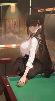 1girl absurdres ass ball billiard_ball black_hair black_pantyhose black_skirt blue_archive breasts cue_stick finger_to_mouth hair_behind_ear hair_ornament halo highres long_hair modare on_table pantyhose pencil_skirt pool_table red_eyes rio_(blue_archive) shirt skirt table white_shirt