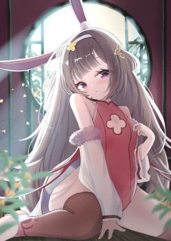 Rule 34 | 1girl, absurdres, animal ears, azur lane, bad anatomy, blurry, blurry foreground, breasts, brown eyes, brown hair, china dress, chinese clothes, commission, day, detached sleeves, dress, hairband, highres, indoors, leotard, long hair, looking at viewer, mashiro281, official alternate costume, ping hai (azur lane), ping hai (osmanthus moon rabbit) (azur lane), rabbit ears, rabbit tail, red leotard, sitting, skeb commission, small breasts, solo, tail, thighhighs, white hairband