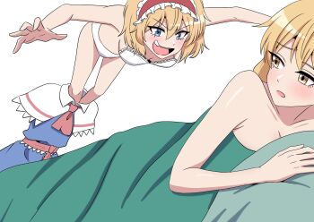 2girls alice_margatroid ascot blonde_hair blue_dress blue_eyes blush bra breasts cleavage commentary_request dress frilled_hairband frills hairband highres jumping kirisame_marisa kiyo_(kiyo_mariari) medium_breasts multiple_girls nude open_mouth panties pink_ascot pink_sash red_hairband sash simple_background smile touhou under_covers underwear undressing waist_sash white_background white_bra white_panties yellow_eyes yuri