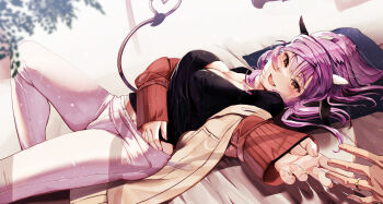 1girl breasts brown_eyes cleavage commission heart heart_tail highres hiiragi_shinoa jewelry large_breasts long_hair looking_at_viewer open_mouth owari_no_seraph purple_hair ring second-party_source smile tail yuunoaboi21