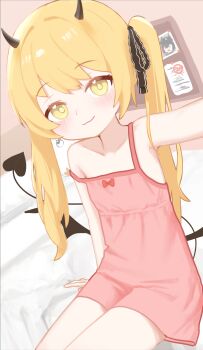1girl :3 absurdres asymmetrical_hair black_horns black_ribbon black_tail black_wings blonde_hair blue_archive bow chiaki_(blue_archive) closed_mouth collarbone demon_girl demon_horns demon_tail demon_wings dress dress_bow flat_chest highres horns ibuki_(blue_archive) long_hair looking_at_viewer nullkurage peroro_(blue_archive) pink_dress ribbon selfie short_dress side_ponytail single_sidelock sitting smile solo strap_slip sundress tail wings yellow_eyes