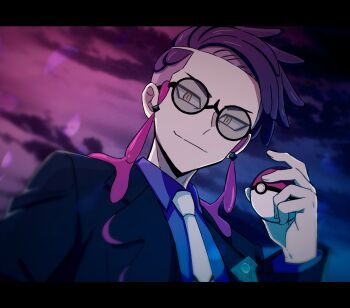 1boy black-framed_eyewear closed_mouth collared_shirt commentary_request corbeau_(pokemon) highres holding holding_poke_ball jacket kiriya_black lapels layered_sleeves letterboxed long_sleeves male_focus necktie nintendo open_clothes open_jacket parted_hair poke_ball poke_ball_(basic) pokemon pokemon_legends:_z-a purple_hair round_eyewear shirt short_hair slit_pupils smirk solo suit_jacket upper_body white_necktie wing_collar yellow_eyes