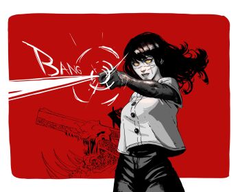 Rule 34 | absurdres, black hair, chainsaw man, english text, finger gun, gun devil (chainsaw man), highres, monochrome, red background, scar, yellow eyes, yoru (chainsaw man)