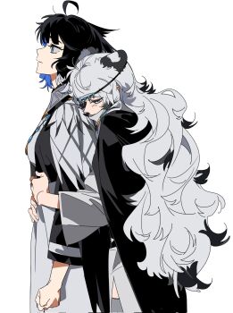 Rule 34 | 2girls, animal ears, arknights, black cape, black hair, black vest, blue eyes, blue hair, cape, colored inner hair, colored tips, commentary, corrupted twitter file, dress, from side, grey dress, grey eyes, grey hair, head chain, highres, hug, hug from behind, jewelry, kjera (arknights), long hair, long sleeves, looking down, molu stranger, multicolored hair, multiple girls, necklace, parted lips, pramanix (arknights), short hair, simple background, snow leopard ears, symbol-only commentary, very long hair, vest, white background, yuri