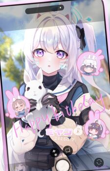 Rule 34 | 4girls, absurdres, animal, animal ear headphones, animal ears, birthday, blue archive, blue halo, blue serafuku, bulletproof vest, camera, cellphone, commentary request, earpiece, fake animal ears, fake phone screenshot, fake screenshot, guda da, halo, happy birthday, headphones, highres, holding, holding animal, holding rabbit, looking at viewer, miyako (blue archive), miyu (blue archive), moe (blue archive), multiple girls, one side up, phone, purple eyes, rabbit, rabbit ear headphones, rabbit ears, rabbit platoon (blue archive), saki (blue archive), school uniform, serafuku, smartphone, tactical school uniform, taking picture, viewer holding phone, white hair