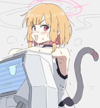 1girl :d blonde_hair blue_archive blush bodysuit bow cat_tail commentary_request fake_tail hair_bow halo highres kei_(amas)_(blue_archive) kuragesensei low-tied_sidelocks momoi_(battlesuit)_(blue_archive) momoi_(blue_archive) official_alternate_costume open_mouth pink_bow pink_eyes pink_halo short_hair sidelocks smile solo sweat tail white_bodysuit