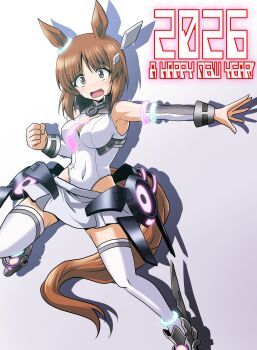 absurdres animal_ears breasts brown_eyes brown_hair check_commentary commentary commentary_request cosplay detached_sleeves english_text girls_und_panzer grey_skirt happy_new_year highleg highleg_leotard highres hip_gear horse_ears horse_tail kamishima_kanon leotard medium_breasts medium_hair mihono_bourbon_(mb-19890425)_(umamusume) mihono_bourbon_(umamusume) mihono_bourbon_(umamusume)_(cosplay) miniskirt new_year nishizumi_miho skirt tail thighhighs umamusume white_leotard white_thighhighs zettai_ryouiki