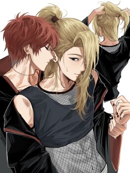 2boys abs adjusting_hair akatsuki_uniform black_nails blonde_hair blue_eyes closed_eyes covered_navel crop_top damyo_x deidara_(naruto) doll_joints eyeliner fishnet_top fishnets high_ponytail highres holding_another's_wrist hug hug_from_behind joints long_hair looking_at_another makeup male_focus multiple_boys naruto_(series) naruto_shippuuden open_clothes open_robe ponytail robe sasori_(naruto) short_hair simple_background sweat white_background yaoi