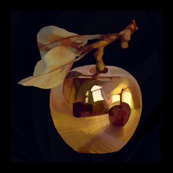 apple black_border border commentary english_commentary food fruit golden_apple highres no_humans object_focus original painterly reflection reflection_focus still_life twulfs