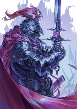 Rule 34 | 1other, ambiguous gender, armor, belt, cape, castle, commentary, from side, full armor, gauntlets, helm, helmet, highres, holding, holding sword, holding weapon, knight, nameno92372763, original, pauldrons, plume, red belt, red cape, red plume, sheath, shoulder armor, solo, sword, weapon, zweihander