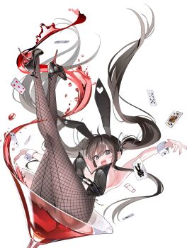 1girl alcohol animal_ears black_hair black_pantyhose blush bow breasts card cup drinking_glass fishnet_pantyhose fishnets grey_eyes hair_between_eyes hair_ornament hair_ribbon high_heels highres large_breasts liquid long_hair looking_at_viewer open_mouth original pantyhose piyopoyo playboy_bunny rabbit_ears ribbon smile solo teeth twintails wine wrist_cuffs