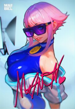 1girl ass bare_shoulders blue_eyes breasts dougi heart highres hime_cut large_breasts looking_at_viewer maebiel manon_legrand off_shoulder pink_hair purple-tinted_eyewear short_hair sidelocks skin_tight solo spandex street_fighter street_fighter_6 sunglasses tinted_eyewear