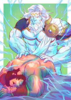 2boys abs anal ancient_greek_clothes bara beard blue_skin colored_skin dark-skinned_male dark_skin doggystyle electricity electrokinesis facial_hair fate/zero fate_(series) full_beard genta_iwayama greco-roman_clothes interracial iskandar_(fate) large_pectorals long_beard male_focus mature_male multiple_boys muscular muscular_male old old_man pectorals red_eyes red_hair sex sex_from_behind short_hair shrug_(clothing) strongman_waist thick_beard yaoi zeus_(fate)