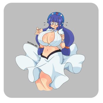 1girl bleach breasts cleavage cleavage_cutout clothing_cutout cosplay detached_sleeves female_focus glasses gluko gotoshi_san grey_background highres inoue_orihime_(cosplay) large_breasts long_skirt midriff mon_colle_knights purple_eyes purple_hair rokumon_tengai_mon_colle_knight simple_background skirt source_request