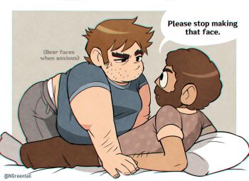 Rule 34 | 2boys, bara, bear face, beard over mouth, belly, brown hair, commentary, couple, english commentary, english text, eye contact, facial hair, fat, fat man, forked eyebrows, highres, joseph (scott pilgrim), looking at another, male focus, male underwear, male underwear peek, medium sideburns, multiple boys, nifast (greentail), on bed, scott pilgrim (series), scott pilgrim takes off, short hair, sideburns stubble, sparse stubble, speech bubble, stephen stills, stubble, thick eyebrows, underwear, yaoi