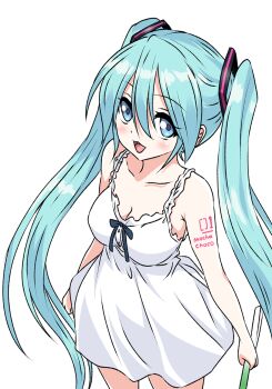 1girl aqua_eyes aqua_hair bare_arms blush breasts cleavage collarbone commentary_request dress food hair_between_eyes hair_ornament hatsune_miku highres holding holding_food holding_spring_onion holding_vegetable long_hair looking_at_viewer medium_breasts mochachoco open_mouth sidelocks simple_background smile solo spring_onion standing twintails vegetable very_long_hair vocaloid white_background white_dress