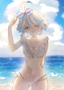 1girl ;) adjusting_eyewear ahoge arm_behind_back beach bespectacled bikini blue-tinted_eyewear blue_eyes blue_gem blue_hair blue_sky blush breasts cleavage closed_mouth cloud collarbone cowlick day drop-shaped_pupils eyelash_ornament eyewear_on_head frilled_bikini frills furina_(genshin_impact) gem genshin_impact glasses hair_between_eyes hand_on_eyewear hand_up hashtag-only_commentary heterochromia highres horizon jewelry layered_bikini looking_at_viewer medium_breasts midriff mismatched_pupils multicolored_bikini multicolored_hair navel necklace ocean one_eye_closed outdoors pearl_necklace pink-tinted_eyewear purple-tinted_eyewear round_eyewear sand shore short_hair side-tie_bikini_bottom sky smile solo standing stomach streaked_hair string_bikini sunglasses sunlight swimsuit symbol-shaped_pupils tinted_eyewear tuzuriii_xx water white_bikini white_hair