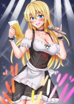 1girl alcohol alternate_costume anti_(untea9) apron beer beer_mug bismarck_(kancolle) black_dress black_pantyhose blonde_hair blue_eyes breasts cup dirndl dress frilled_cuffs german_clothes glowstick highres kantai_collection long_hair medium_breasts microphone mug pantyhose penlight_(glowstick) solo underbust waist_apron white_apron