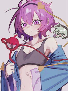 2girls alternate_costume black_hairband black_hat blue_shirt blush blush_stickers breasts closed_mouth commentary disembodied_linked_eye embarrassed eyeball green_eyes green_hair grey_background grey_sports_bra hair_ornament hairband hat head_only heart heart_hair_ornament highres komeiji_koishi komeiji_satori looking_at_viewer multiple_girls nari_(bikkii) navel open_clothes open_mouth open_shirt pink_eyes pink_hair shirt siblings simple_background sisters small_breasts smile sports_bra stomach sweat touhou upper_body