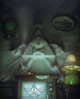 2boys arms_up bill_cipher bird black_bow black_bowtie black_eyes black_hat blender_(medium) book_of_bill bow bowtie cigarette cigarette_butt cigarette_holder clock commentary dial_television disney dual_persona duck electric_plug electrical_outlet english_commentary eyelashes facing_viewer floral_print gravity_falls hat highres ian_worrel indoors lace_trim lamp looking_at_viewer multiple_boys no_humans official_art one-eyed open_hands painting_(object) pendulum_clock picture_frame table television through_wall top_hat triangle vignetting wall_clock wallpaper_(object) wrinkled_fabric