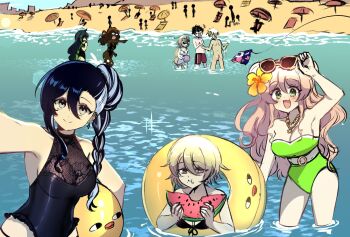 2boys 6+girls :d ball beach bikini black_hair black_one-piece_swimsuit blonde_hair blue_streaks breasts cleavage commentary double-parted_bangs duck_innertube eating english_commentary eyewear_on_head flower food fruit green_bikini green_eyes grey_eyes hair_between_eyes hair_flower hair_ornament highres holding holding_ball holding_food holding_fruit holding_watermelon innertube jewelry large_breasts multicolored_hair multiple_boys multiple_girls necklace ocean one-piece_swimsuit open_mouth original partially_submerged people pointing pointing_at_another ryuuxin sadie_(ryuuxin) selfie short_hair smile star_(symbol) star_necklace streaked_hair summer sunglasses swim_ring swimsuit wading water watermelon watermelon_slice