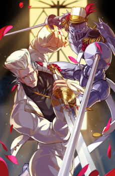 1boy 1other absurdres alternate_costume arm_up artist_request black_shirt blue_eyes broken_heart buttons chinese_commentary closed_mouth collared_shirt commentary_request dress_shirt dual_wielding earrings epaulettes flattop flower gift_art hat hat_feather heart highres holding holding_sword holding_weapon jacket jean_pierre_polnareff jewelry jojo_no_kimyou_na_bouken light_rays light_smile long_sleeves male_focus pants petals rose shako_cap shirt silver_chariot sleeve_cuffs stand_(jojo) stardust_crusaders sword weapon white_hair white_headwear white_jacket white_pants window