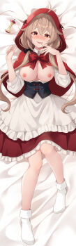 1girl apron breasts breasts_out brown_eyes brown_hair capelet cosplay dakimakura_(medium) dress heterochromia highres kantai_collection kochipu large_breasts little_red_riding_hood_(fairy_tale) little_red_riding_hood_(fairy_tale_character) little_red_riding_hood_(fairy_tale_character)_(cosplay) long_hair low_twintails lying murasame_(halloween)_(kancolle) murasame_(kancolle) murasame_kai_ni_(kancolle) nipples official_alternate_costume on_back red_capelet red_dress red_eyes red_hood shirt solo twintails very_long_hair white_apron white_shirt