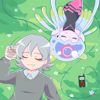 Rule 34 | bandaged arm, bandages, blue eyes, couple, digimon, digimon (creature), digimon ghost game, higashimitarai kiyoshiro, jellyfish girl, jellymon, monster girl, short hair, tentacle hair, tentacles, tezuze, white hair