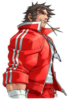 Rule 34 | 1boy, absurdres, brown eyes, brown hair, clenched teeth, cropped legs, edaki shin'ya, facial hair, from side, full body, game cg, glaring, half-closed eyes, highres, jacket, justice gakuen, male focus, moero! justice gakuen, mutton chops, nekketsu hayato, non-web source, official art, open clothes, open jacket, shoes, simple background, sleeves rolled up, solo, teeth, thick eyebrows, track jacket, whistle, whistle around neck, white background, wrist wrap