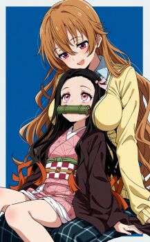 2girls absurdres black_hair brown_hair child highres kamado_nezuko kimetsu_no_yaiba kitou_akari konoe_kanata love_live! love_live!_nijigasaki_high_school_idol_club multiple_girls voice_actor_connection