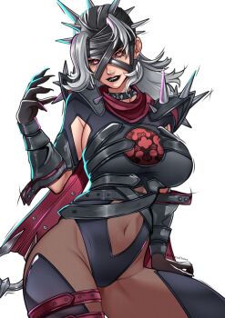 1girl armor bandaged_head bandages beneceadraws black_leotard black_sclera breasts colored_sclera fantastic_four gloves grey_hair highres leotard looking_at_viewer malice_(sue_storm) marvel marvel_rivals multicolored_bodysuit red_eyes red_scarf scarf shoulder_spikes solo spiked_armor spiked_helmet spikes sue_storm thong_leotard twitter_username two-tone_bodysuit