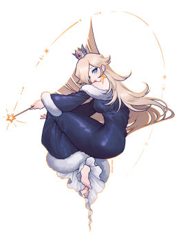 1girl barefoot blonde_hair blue_eyes crown dress fetal_position full_body hair_over_one_eye long_hair looking_at_viewer mario_(series) mong_(mong_milo) nintendo rosalina solo sparkle wand white_background