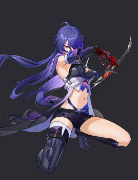 1girl absurdres acheron_(honkai:_star_rail) ahoge asymmetrical_legwear belt boots breasts bright_pupils buckle commentary crop_top detached_sleeves english_commentary flame_print flower full_body gloves hair_ornament hair_over_one_eye high_heel_boots high_heels highres honkai:_star_rail honkai_(series) long_hair midriff navel purple_hair red_eyes red_flower sheath shorts single_detached_sleeve squatting tailcoat transformation unsheathing user_vfpy3534 very_long_hair white_pupils