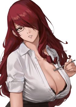 1girl bespectacled black_bra bra bra_peek breasts brown_eyes cleavage collared_shirt glasses hair_over_one_eye highres holding holding_pen j@ck kirijou_mitsuru large_breasts lips long_hair looking_at_viewer paid_reward_available parted_lips pen persona persona_3 red_hair scoop_neck shirt simple_background sleeves_rolled_up underwear upper_body white_background white_shirt