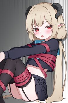 1girl absurdres black_horns black_shirt black_skirt black_thighhighs blonde_hair blue_sailor_collar blush bound commentary commission cropped_shirt english_commentary flat_chest garter_straps highres horns knees_up long_hair long_sleeves looking_at_viewer low_twintails midriff miniskirt navel open_mouth original pleated_skirt pointy_ears red_eyes red_ribbon ribbon ribbon_bondage sailor_collar sailor_shirt school_uniform serafuku shirt sitting skirt solo thighhighs twintails variant_set very_long_hair zing_(z_z_zing)
