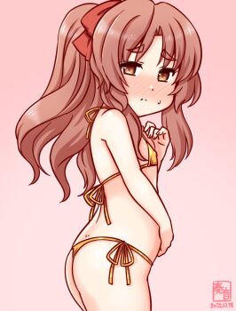1girl alternate_costume artist_logo bikini blush brown_eyes brown_hair cowboy_shot dated flat_chest gold_bikini gradient_background kanon_(kurogane_knights) kantai_collection logo loli looking_at_viewer nose_blush one-hour_drawing_challenge pink_background ponytail side-tie_bikini_bottom solo swimsuit thick_eyebrows thong_bikini yashiro_(kancolle)
