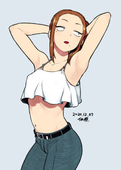 1girl armpits arms_behind_head belt black_eyes breasts brown_hair forehead grey_background komi-san_wa_komyushou_desu midriff mole mole_under_eye mole_under_mouth navel onemine_nene open_mouth simple_background solo tsukudani_(coke-buta)