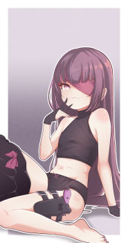 1girl :3 arm_support armpit_crease asymmetrical_legwear black_gloves black_panties black_shirt black_thighhighs border bow bow_legwear bow_panties closed_mouth commentary crop_top cropped_shirt eyepatch fallenshadow fingernails foot_out_of_frame gloves gradient_background grey_background gun hair_spread_out hand_up handgun highres holster holstered indie_virtual_youtuber loli long_hair looking_at_viewer midriff nail_polish navel no_pants no_pupils one_eye_covered outline outside_border panties partially_fingerless_gloves pettan_(zeez4743) purple_eyes purple_hair ribbed_panties ribbed_shirt shirt sidelocks single_thighhigh sitting sleeveless sleeveless_shirt smile solo straight_hair thigh_holster thigh_strap thighhighs toenail_polish toenails turtleneck turtleneck_shirt underwear very_long_hair virtual_youtuber weapon white_border white_outline wispy_bangs