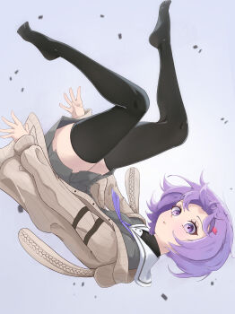 Rule 34 | 1girl, a.i. voice, absurdres, black thighhighs, brown cardigan, cardigan, closed mouth, grey background, grey shirt, grey skirt, highres, iliketequila, looking at viewer, miniskirt, no shoes, open cardigan, open clothes, pleated skirt, purple eyes, purple hair, sailor collar, shirt, short hair, skirt, solo, thighhighs, upside-down, vocaloid, voiceroid, white sailor collar, yuzuki yukari, yuzuki yukari (shizuku), zettai ryouiki