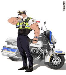 Rule 34 | 1boy, bara, biceps, black hair, bulletproof vest, camera, full body, hat, highres, holding, holding camera, male focus, mask, mature male, motor vehicle, motorcycle, mouth mask, muscular, muscular male, original, police, police hat, police uniform, policeman, shadow, short hair, sideburns, simple background, solo, tenji (tenji 89), thick eyebrows, uniform, veins, veiny arms, walkie-talkie, watch, white background, wristwatch