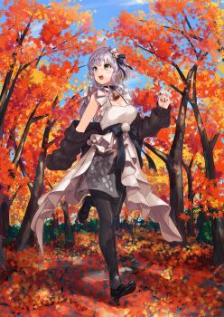 1girl absurdres autumn autumn_leaves bell black_cardigan black_nails black_pantyhose black_shoes blonde_hair breasts cardigan choker cleavage colored_inner_hair commentary_request commission dress forest frilled_choker frills full_body high_heels highres holding holding_leaf hoshimochi_meri indie_virtual_youtuber leaf long_hair looking_to_the_side mary_janes medium_breasts multi-source_commentary multicolored_hair nail_polish nature neck_bell outdoors pantyhose shoes skeb_commission solo traveler_(artbbt) two-tone_hair virtual_youtuber walking white_dress yellow_eyes