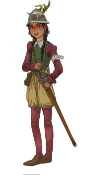 Rule 34 | 1girl, armband, armor, black hair, borrowed character, braid, brchan, breastplate, brown eyes, brown shoes, conquistador, facepaint, full body, highres, holding, holding sword, holding weapon, juliet sleeves, kuruminha, long hair, long sleeves, looking at viewer, morion, mossacannibalis, native american, original, pants under shorts, parted lips, plume, puffy sleeves, scabbard, sheath, shoes, simple background, smile, solo, sword, tupi, twin braids, unsheathing, weapon, white background