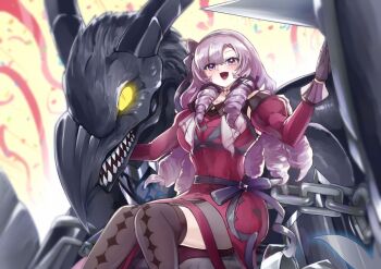 1girl bird black_thighhighs chain character_request confetti copyright_request crow dress drill_hair hyakumantenbara_salome k.nock long_hair nijisanji purple_eyes purple_hair red_dress sharp_teeth sitting teeth thighhighs yellow_eyes